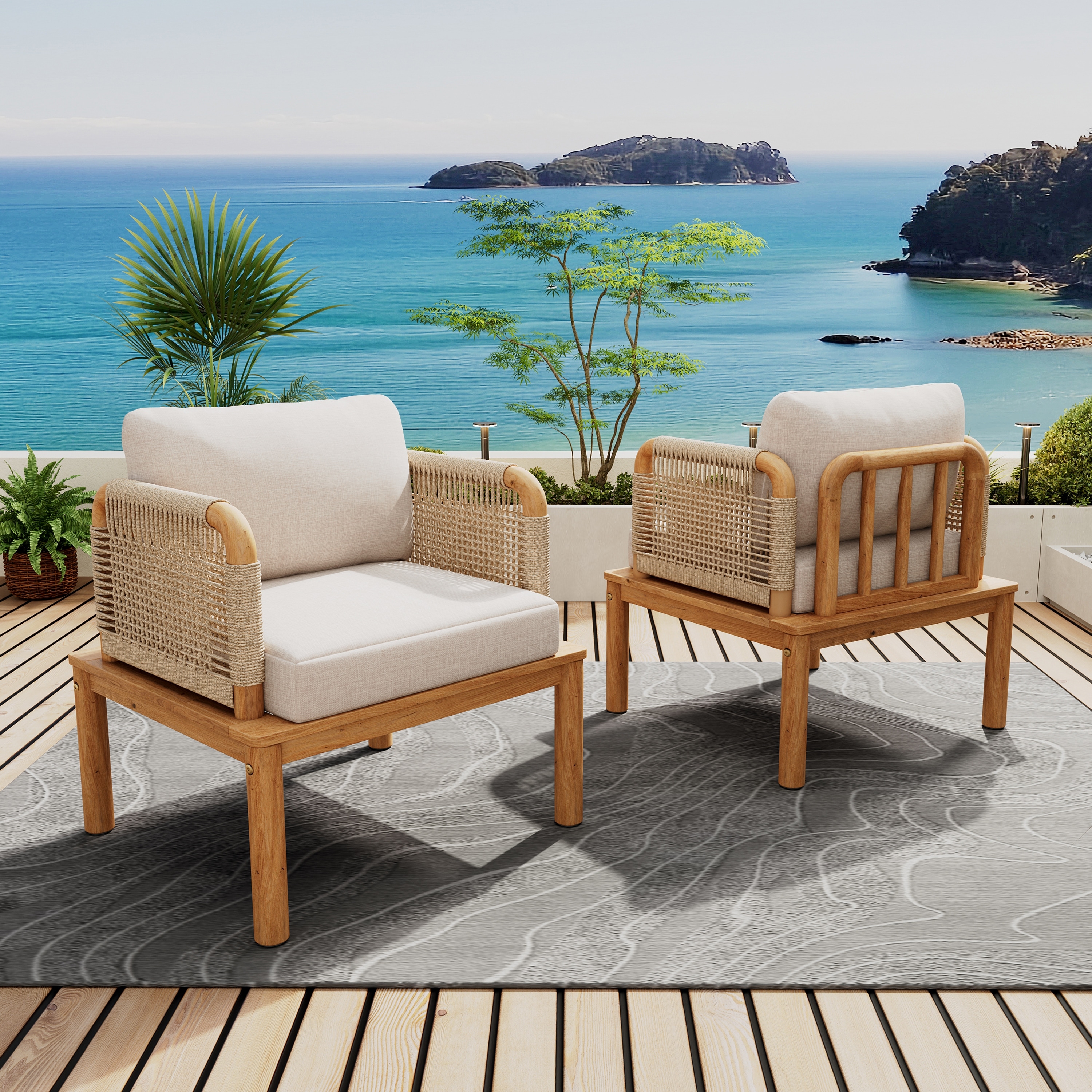 Roomfitters Outdoor Acacia Wood and Rope Club Chairs with Cushions, Teak+Beige