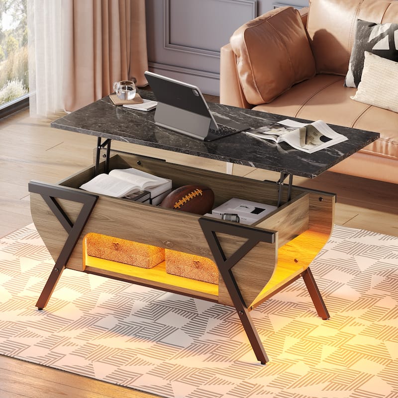 Lift-Top Coffee Table with LED Light and Storage Shelf