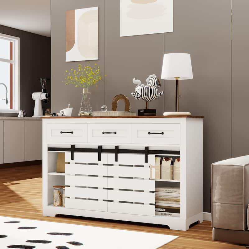 53" Farmhouse Sideboard Buffet Storage Cabinet with 3 Drawers, 2 Sliding Barn Doors, 2 Adjustable Shelves, Coffee Bar Cabinet