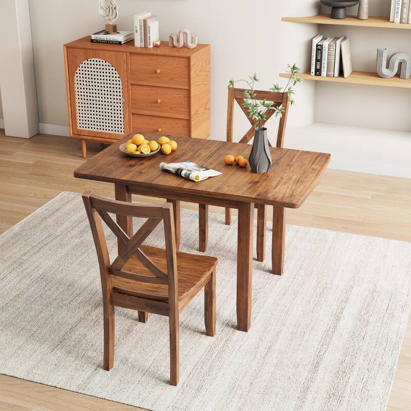 3-Piece Wood Drop Leaf Breakfast Nook Dining Table Set - Brown
