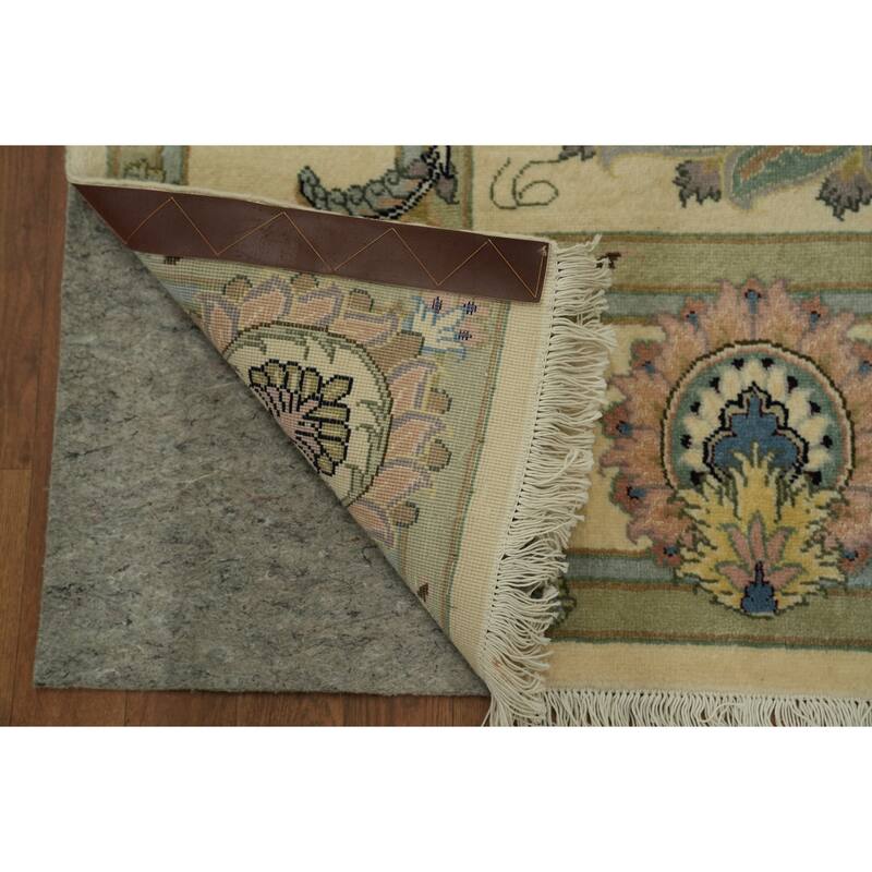 Hand Knotted Oriental Wool & Silk Carpet Traditional All-Over Beige & Ivories Tabriz Area Rug - 9' 11'' X 6' 6''