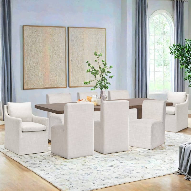 Modern 19" Seat Wide Upholstered Rolling Dining Chairs with Casters - Set of 8 - Cream