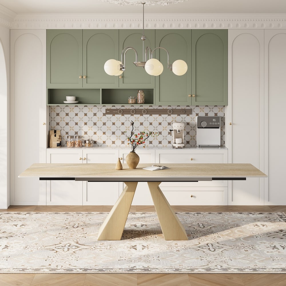 63 - 94" Extendable Modern Sintered Stone Dining Table for 4-10, Table top with Black Carbon Pedestal