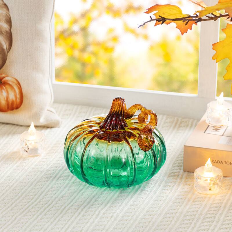Glitzhome Fall Harvest Two-Tone Gradient Turquoise Glass Pumpkin
