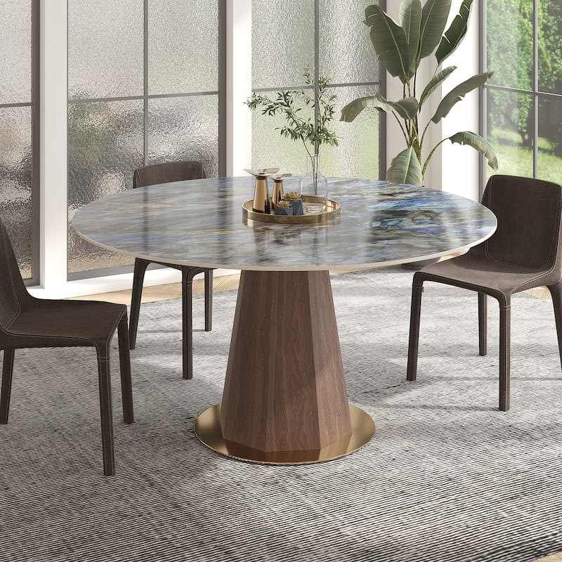Modern Style Round Stone Table Top Walnut Pedestal Dining Table