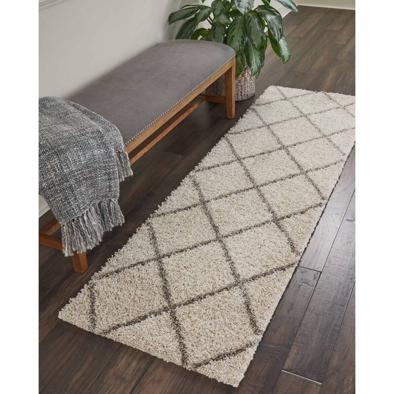 Nourison Brisbane Large Diamond Geometric Modern Shag Area Rug - 2' 2" x 7' 6" - Cream - Runner