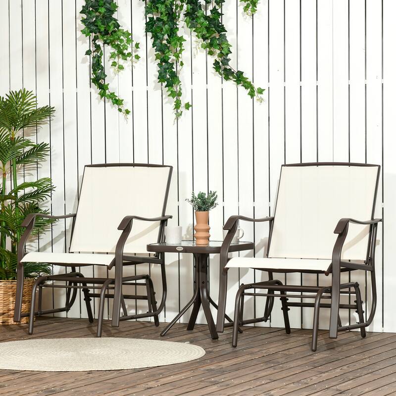 3 Piece Outdoor Glider Chair with Coffee Table Bistro Set, 2 Patio Rocking Swing Chairs with Breathable Sling Fabric, Gl