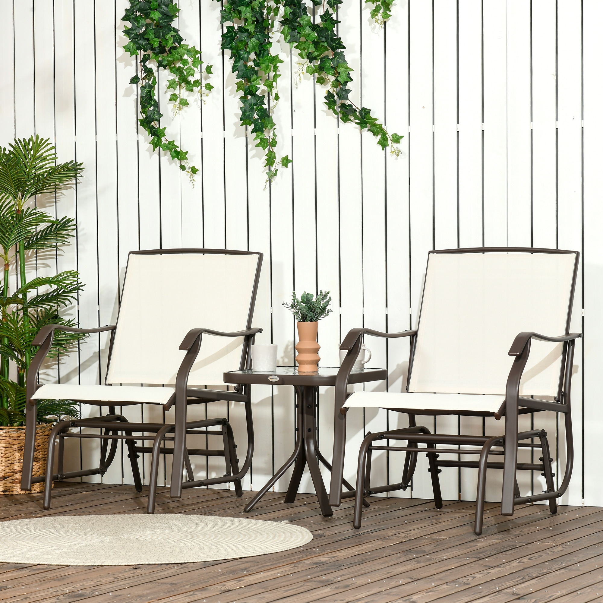 Outsunny 3 Piece Outdoor Glider Chair with Coffee Table Bistro Set, 2 Patio Rocking Swing Chairs with Breathable Sling Fabric