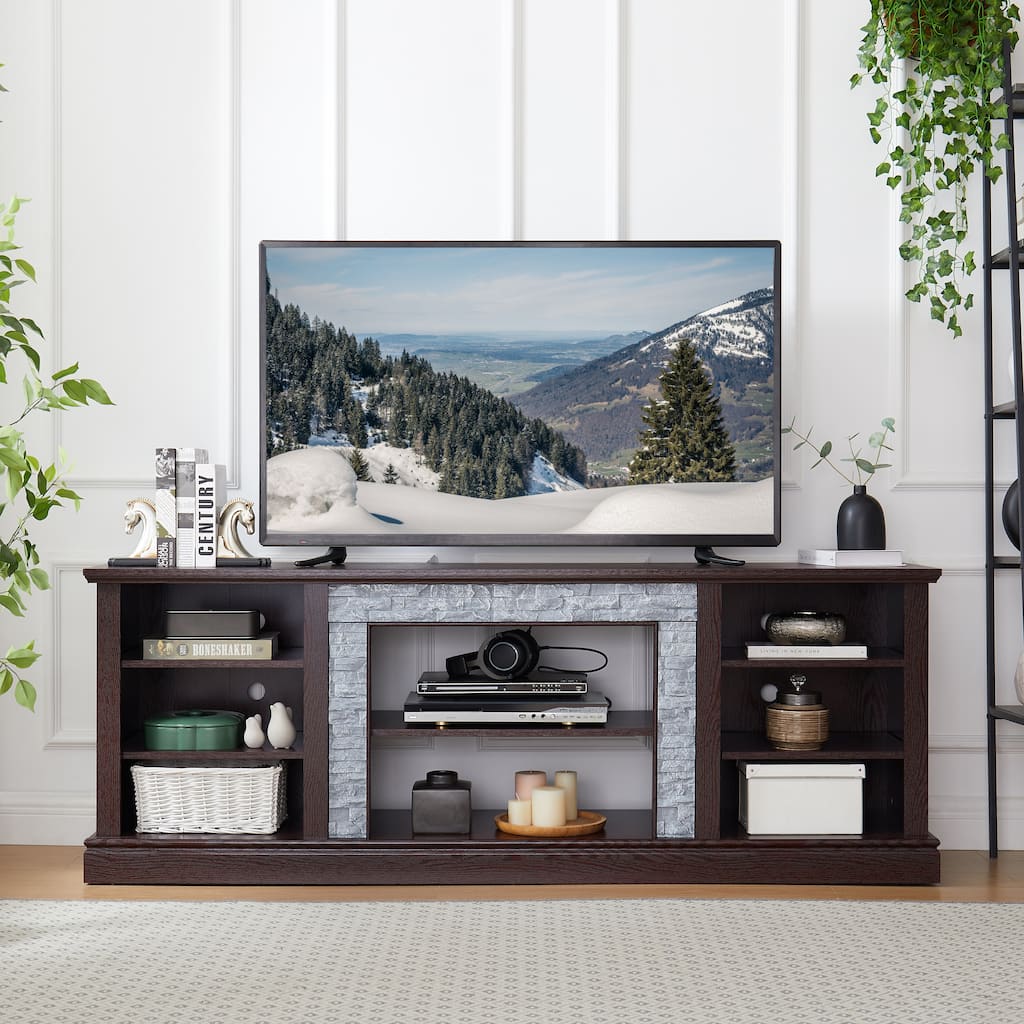 GDFStudio Alaric 70" Wood TV Stand with Ample Storage and Faux Stacked Stone Surround