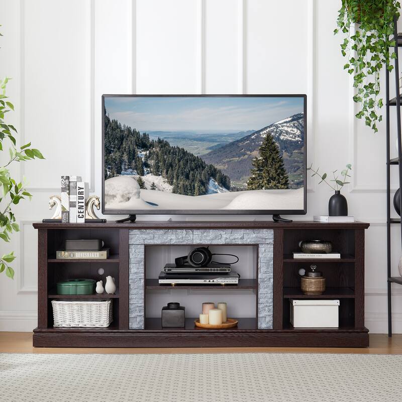 Large Faux Stacked Stone TV Stnad, Desk Storage Rack, Media Console Table with Large Storage Cabinet - Cherry
