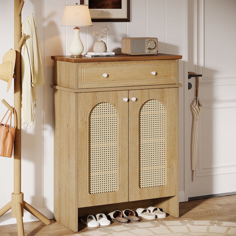 6-Tier Shoe Cabinet with Doors and Drawer - Natural & Walnut