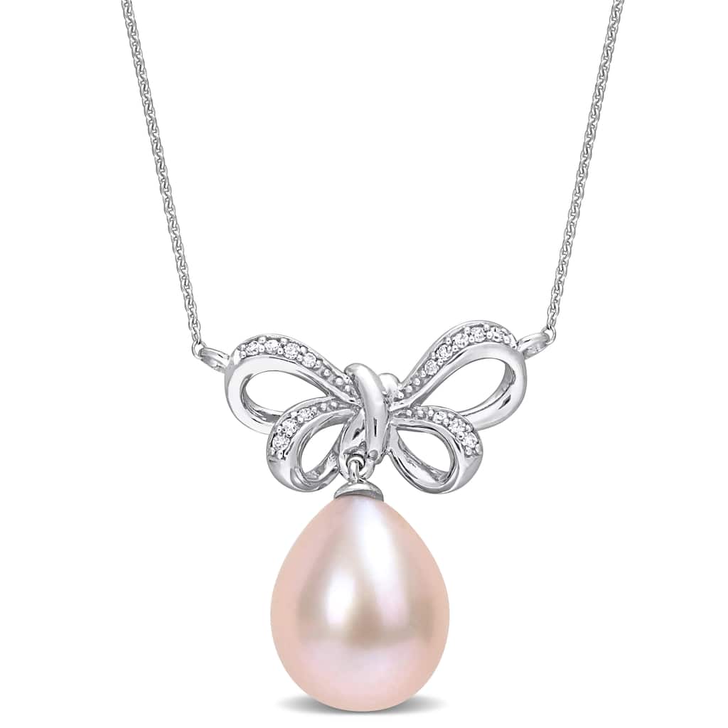 Miadora 9.5-10mm Cultured Freshwater Pink Pearl and Diamond Accent Bow 10k White Gold