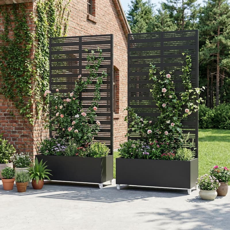 Metal Galvanized Planter Box with Trellis Privacy Screen Lockable Wheels Set of 2