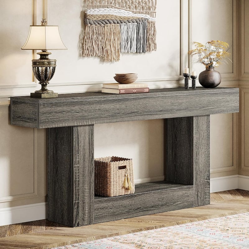 63" Long Console Table, Farmhouse 2-Tier Entryway Table with U-Shaped Base - 63" W x 11.8" D x 32.3" H - Dark Gray