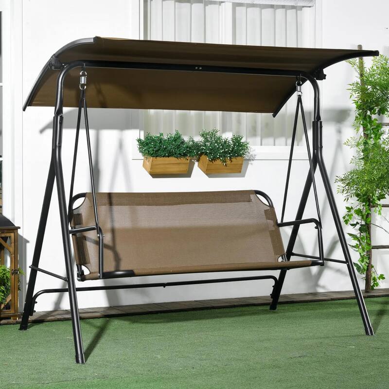 3-Person Patio Swing with Stand, Adjustable Tilt Canopy, Cozy Bench - Brown