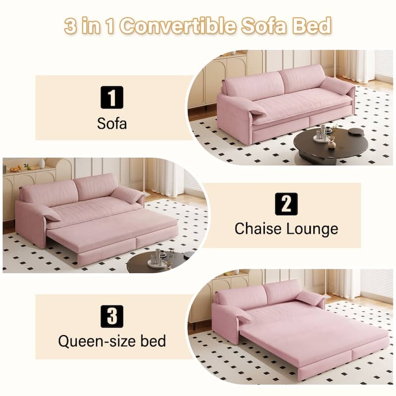 66" Queen Pull Out 3-in-1 Convertible Sleeper Sofa with Side Storage