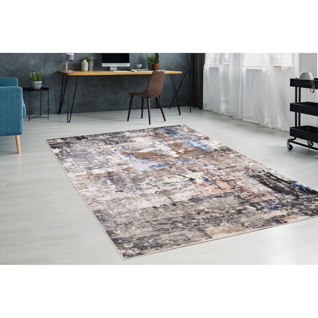 Machine Washable Collection Grey/Blue/Brown Abstract Area Rug