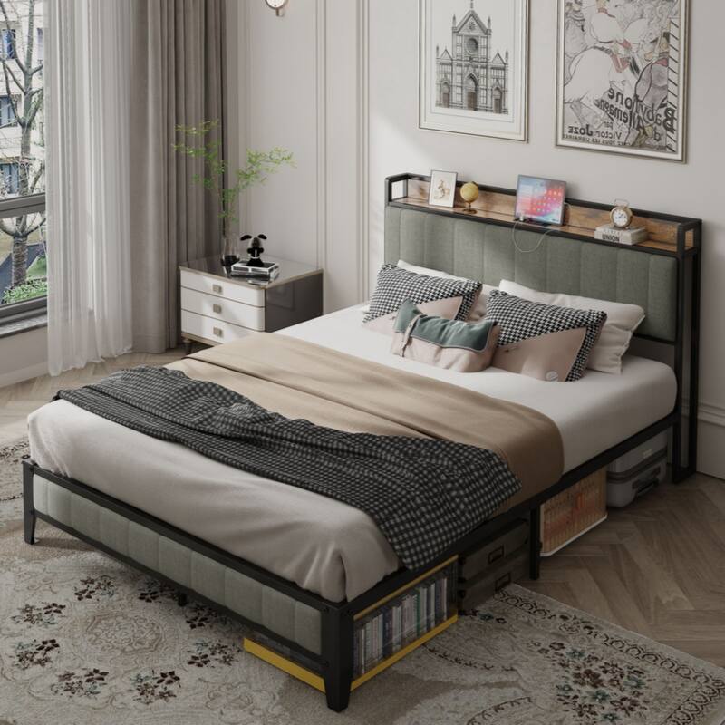 Queen Size Bed Frame with Charging Station, Upholstered Headboard, Metal Platform