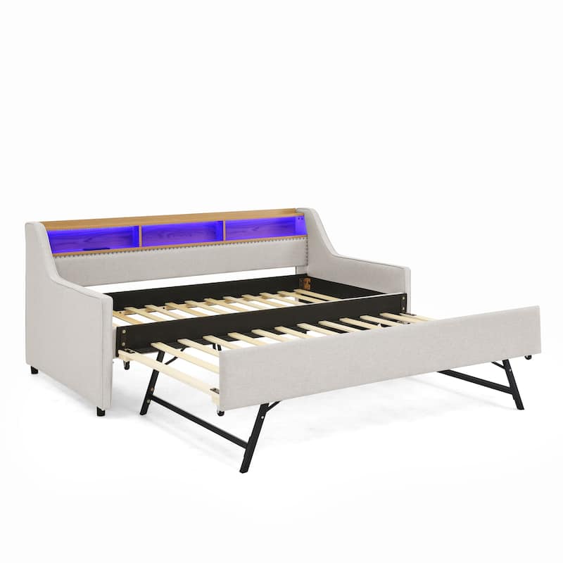 Linen Upholstered Bedframe Twin Daybed with Foldable Leg Pull Out Trundle, LED Lights, Storage Headboard and Wireless Charging