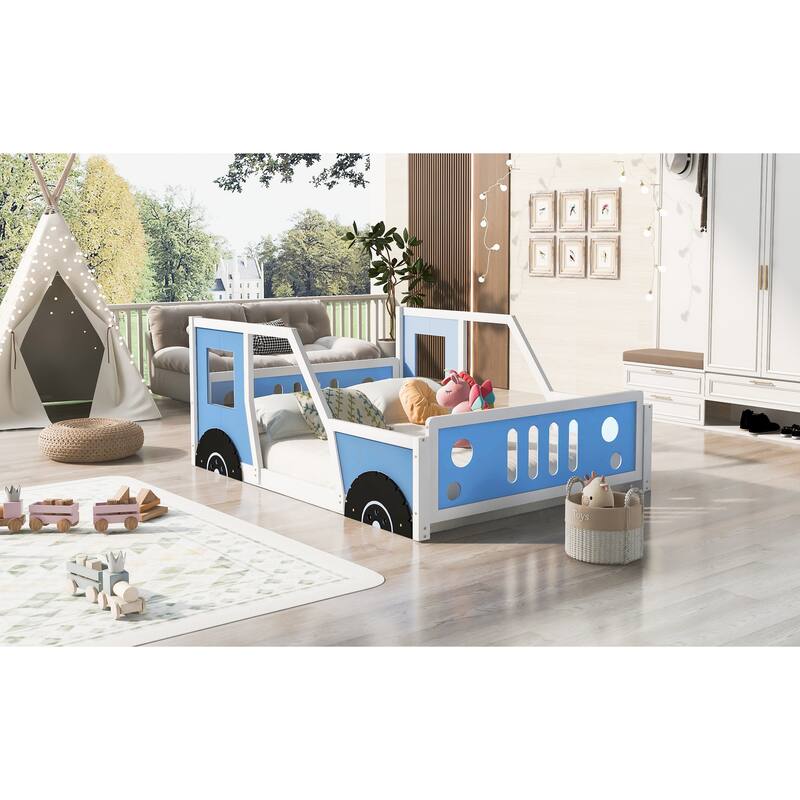 Full Size Classic Car-Shaped Wooden Platform Bed Frame with Wheels, Windows, Fun and Playful Design for Kids, for Bedroom