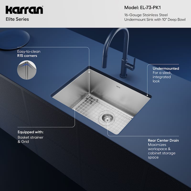 Karran 23" Undermount Single Bowl Stainless Steel Kitchen Sink Kit