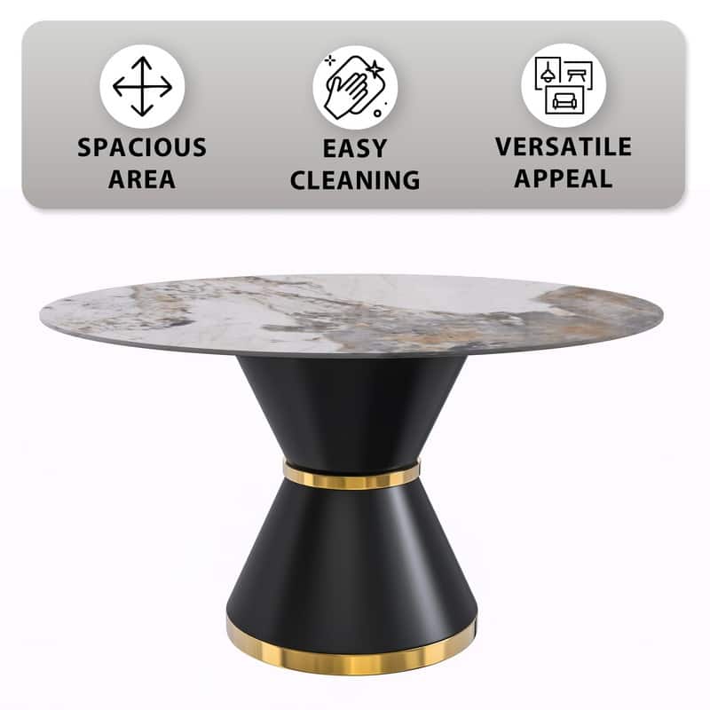Qorvus Round Glass or Sintered Stone Tabletop Dining Table with Black and Gold Pedestal Base for Kitchens or Dining Rooms
