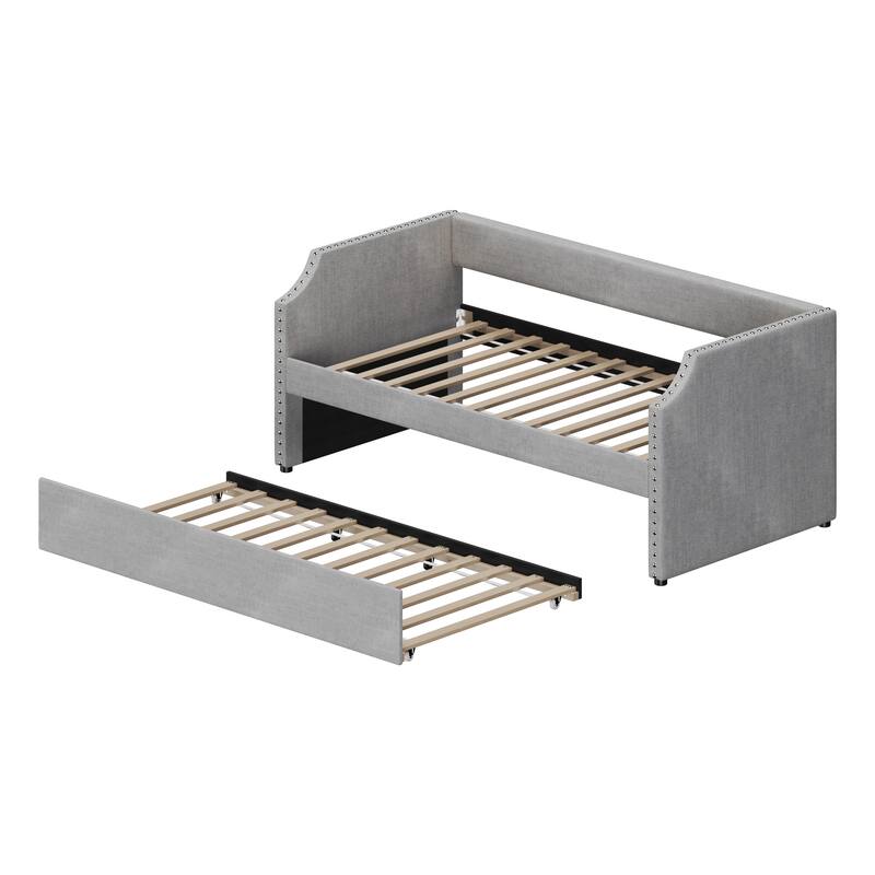 Twin Daybed with Trundle Day Bed with Button Headboard & Armrests