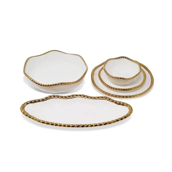 White Oval Bowl New Bone China With Gold Rope Scalloped Edge