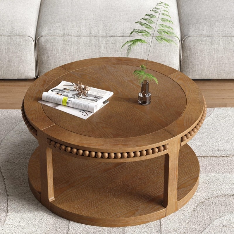 Round Solid Wood Coffee Table, Two-Tier Design with Sturdy Construction for Living Room Elegance