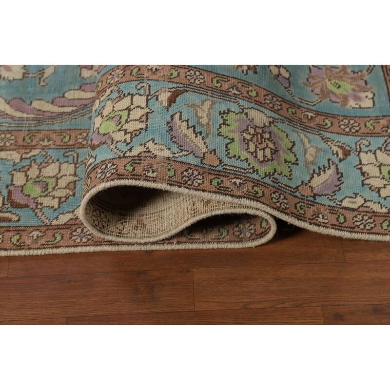 All-Over Blue Floral Tabriz Persian Area Rug Hand-Knotted Wool Carpet - 6'9"x 9'8"