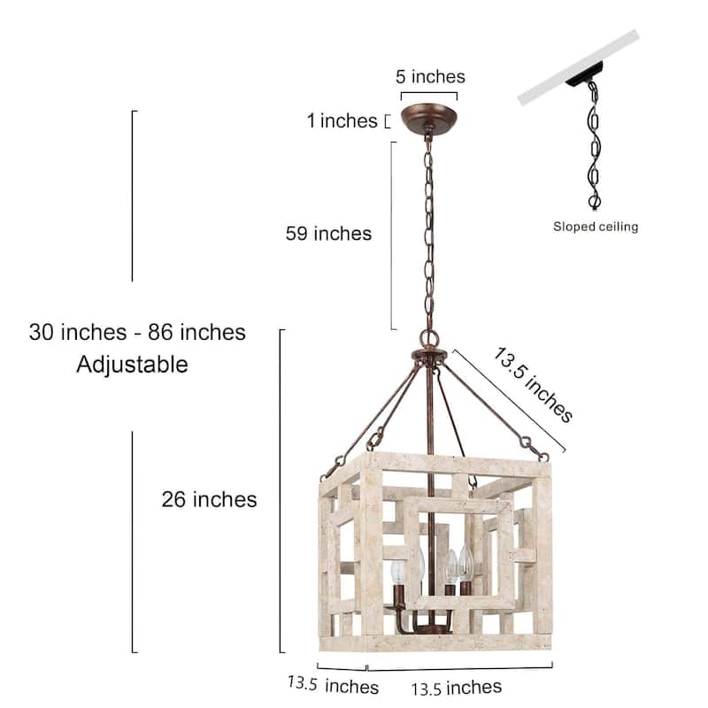 Modern Farmhouse 4-Light Pendant Wood Rustic Square Island Lights - W 13.5" x D 13.5" x H 26"