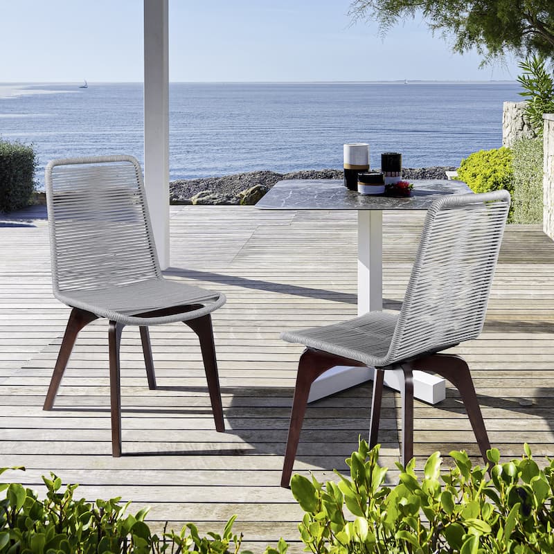 Glendora Island Outdoor Patio 7 Piece Live Edge Dining Set in Eucalyptus Wood and Silver Rope