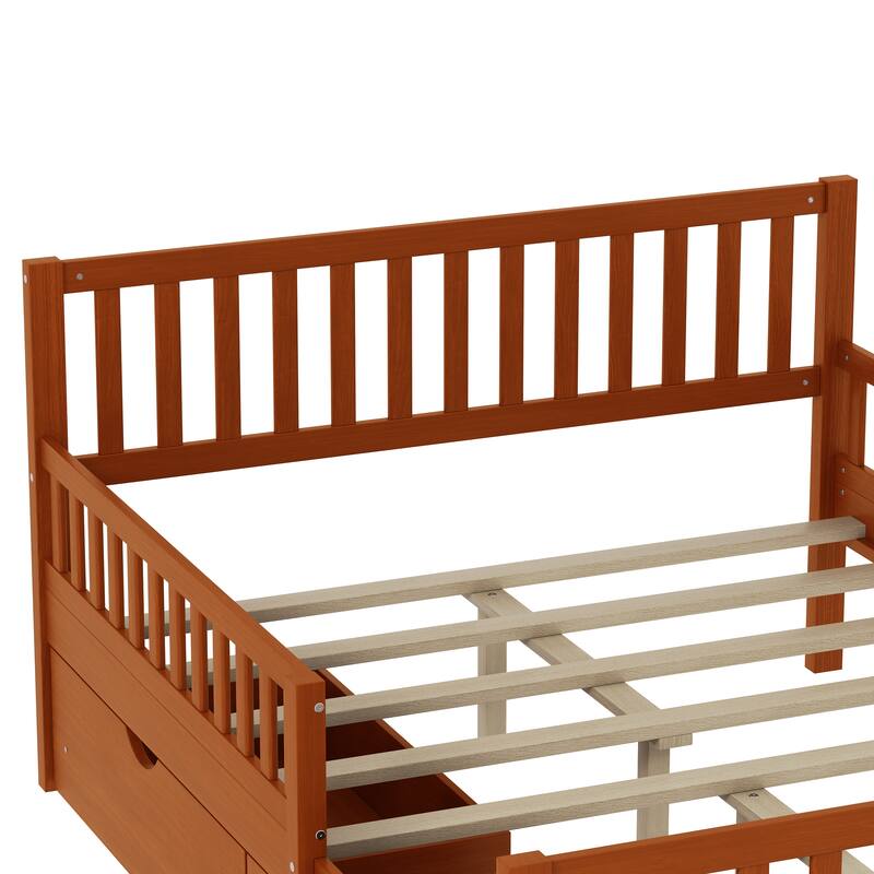 Wood Twin/Full Size Wood Platform Bed with Guardrails on Both Sides and Two Storage Drawers