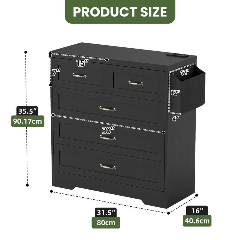 Vintage Double Dresser Chest of Drawers with Charging Station and Side Organizer Bag