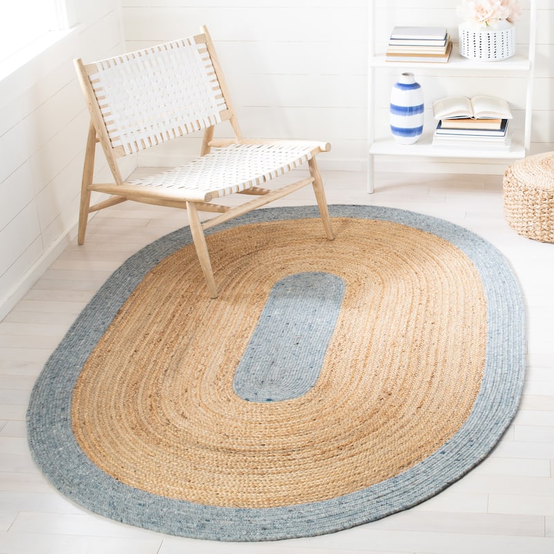 SAFAVIEH Handmade Braided Hvonn Jute Rug - 6' x 9' Oval - Light Blue/Gold