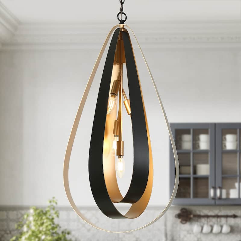 Dsmll Mid-century Modern 4-Light Chandelier Black Gold Lantern Pendant Lights for Dining Room - D15.5" x H30.3"  - Black and gold