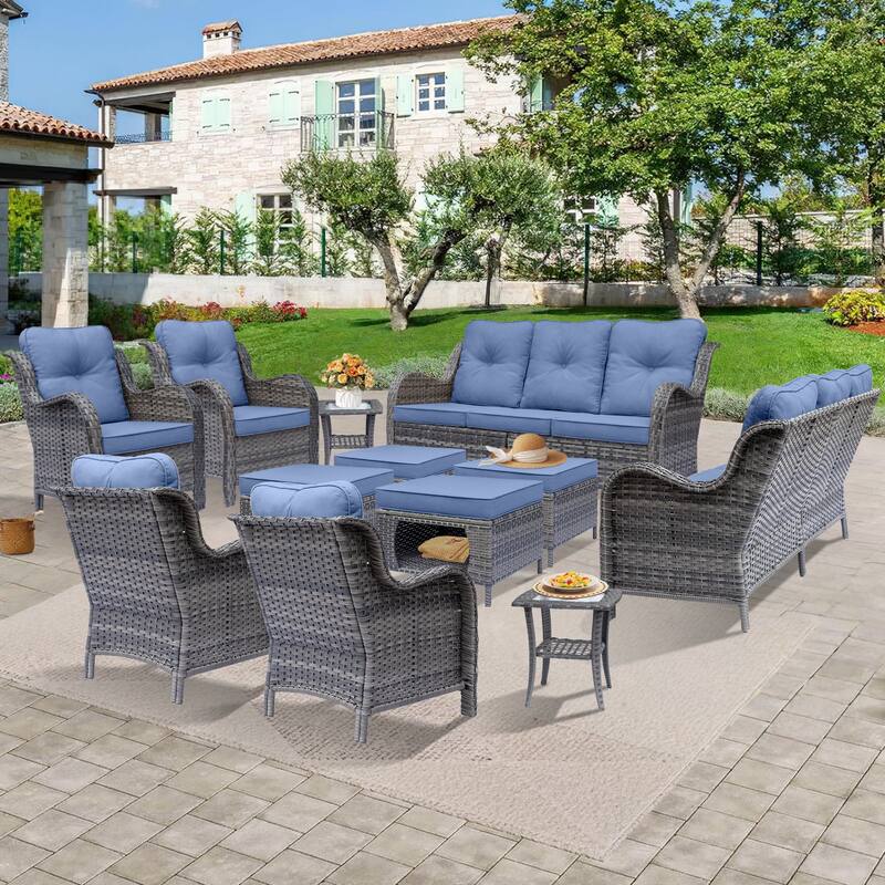 Gray Wicker Outdoor Patio Conversation Seating Sofa Sets with Cushions - Denim Blue - 12 Piece