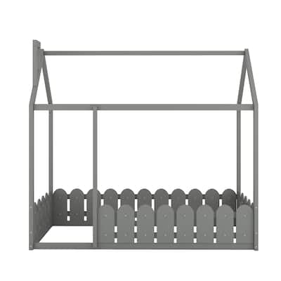 Kids Playhouse Bed Frame without Slats, Wooden Floor House Bed with Fence