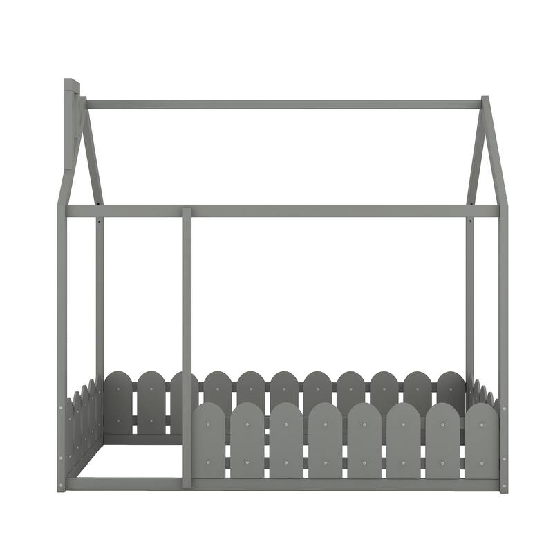 Twin Size Wood House Bed Frame with Fence for Kids and Teens, Gray