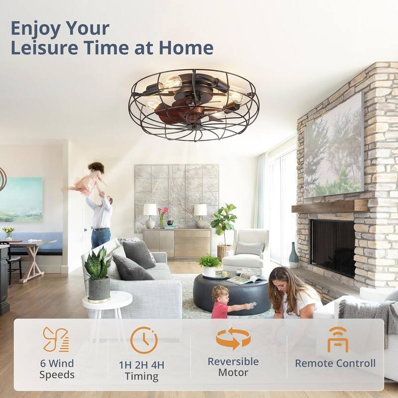 20" Caged Ceiling Fan w/Light & Remote Farmhouse Industrial Enclosed Ceiling Fan