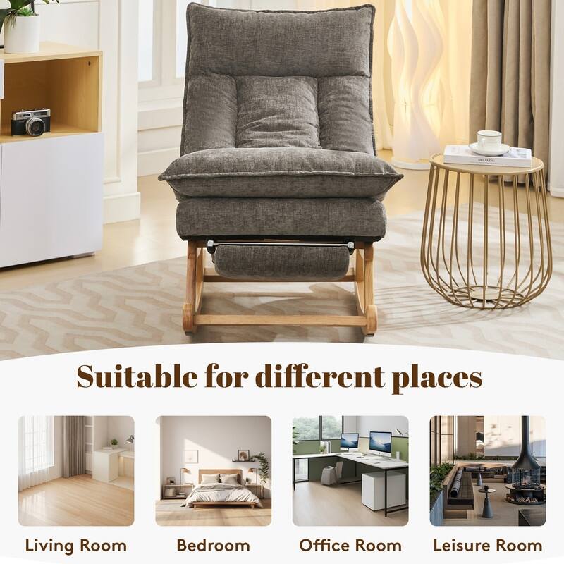 Fabric Upholstered Rocking Chair with Solid Wood Base and Hidden Footrest – Ergonomic Dual-Cushion Design