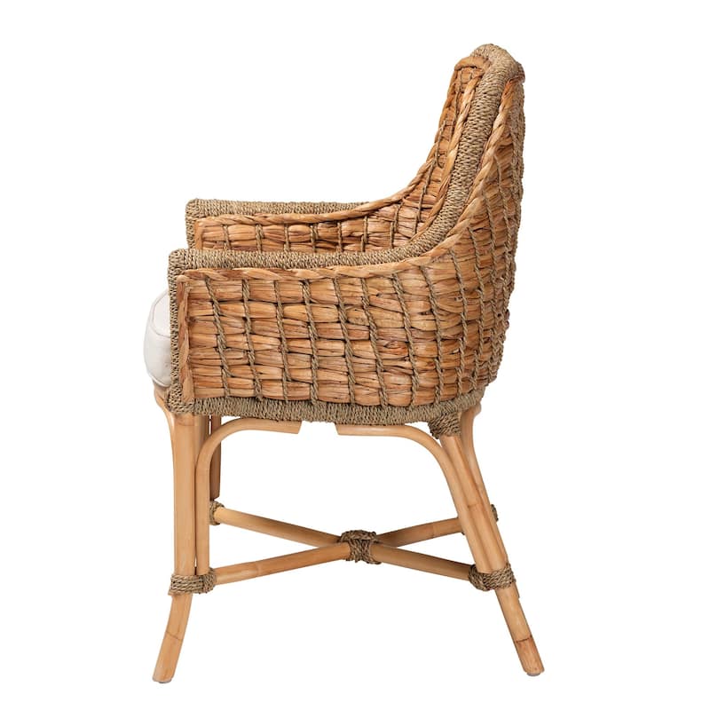 Kyle Bohemian Natural Brown Woven Rattan Dining Arm Chair with Cushion
