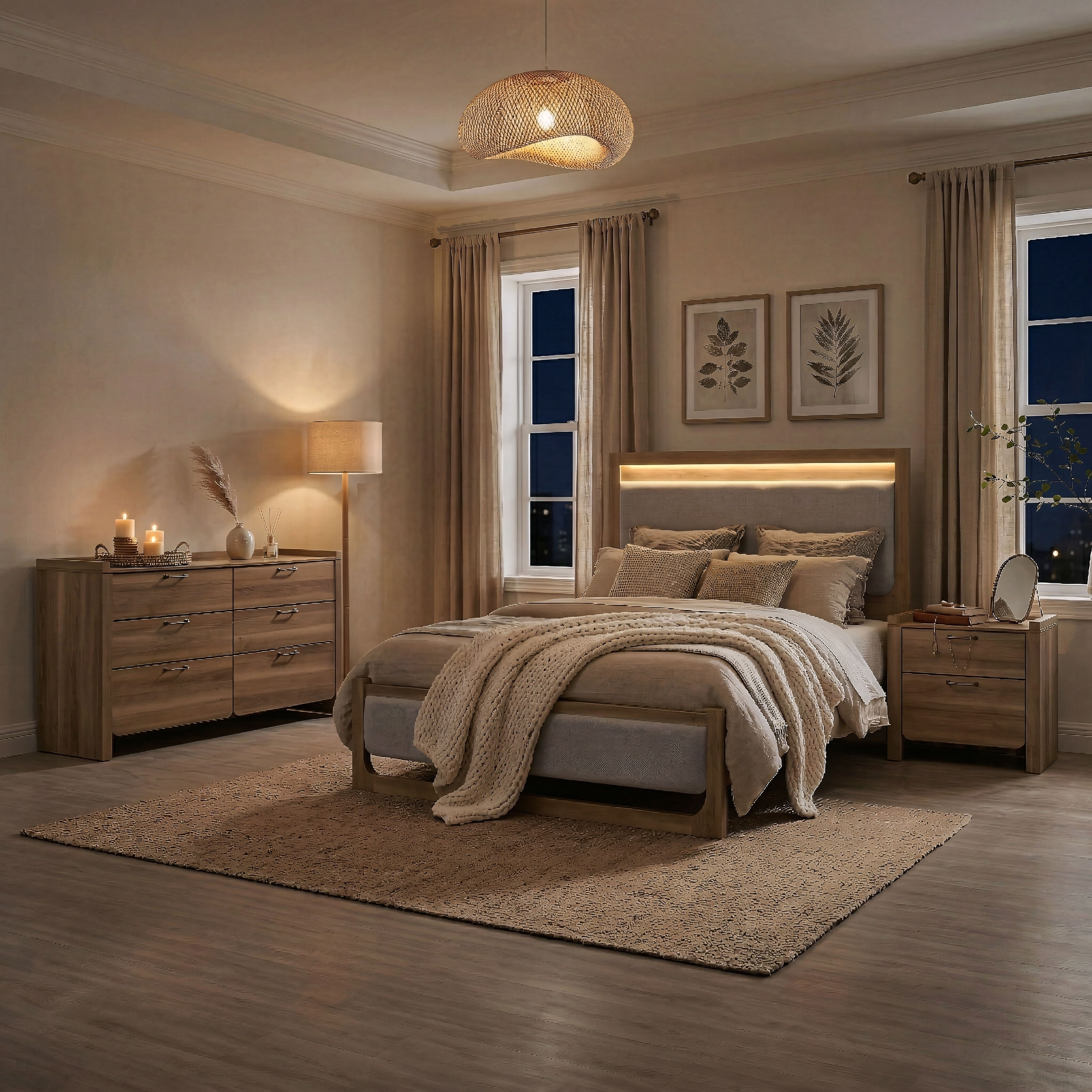 Furniture of America Aluvo Modern 4-Piece Natural Solid Wood Bedroom Set with Dresser and 2 Nightstands