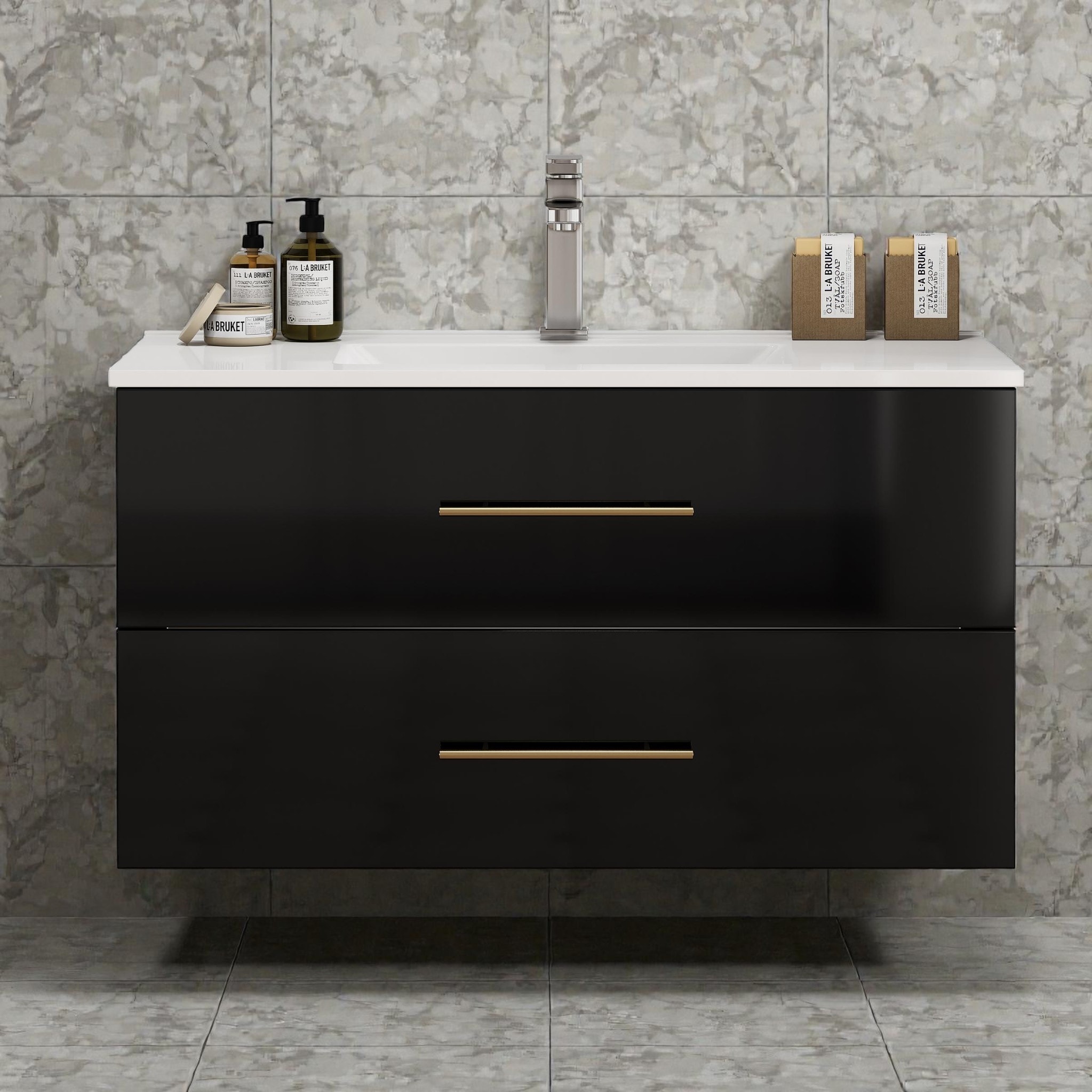 36-Inch Wall-Mounted Bathroom Vanity with Ceramic Sink, Double Drawers, Gold Handle, and Easy Installation for Modern Spaces
