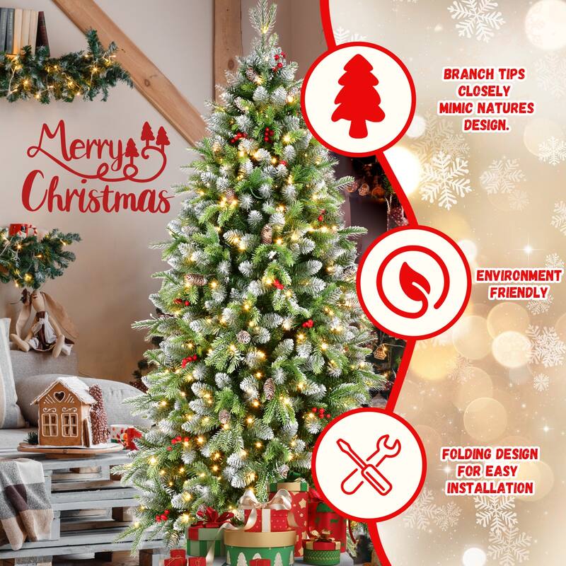Pre-Lit Artificial Christmas Tree - Warm White LED Lights, Frosted Greenery, Red Berries, Pinecones, Metal Stand - Green
