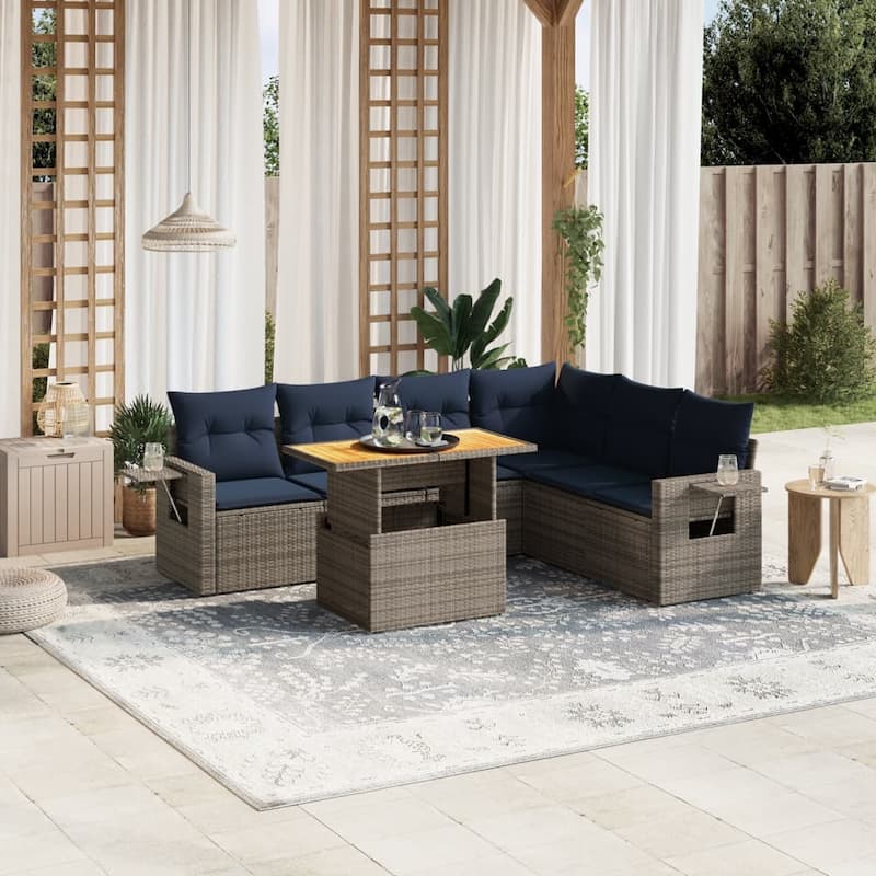 vidaXL Patio Sofa Set with Cushions Outdoor Furniture 7 Piece Poly Rattan - 24.4 x 24.4 x 27.2 - Black-3x middle+Table+corner