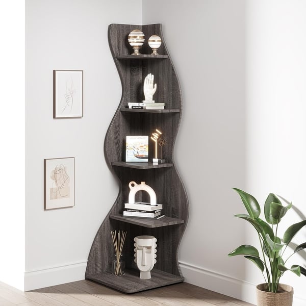 slide 2 of 4, 5 Tier Corner Shelf Tall Bookshelf Bookcase 1PC - Grey
