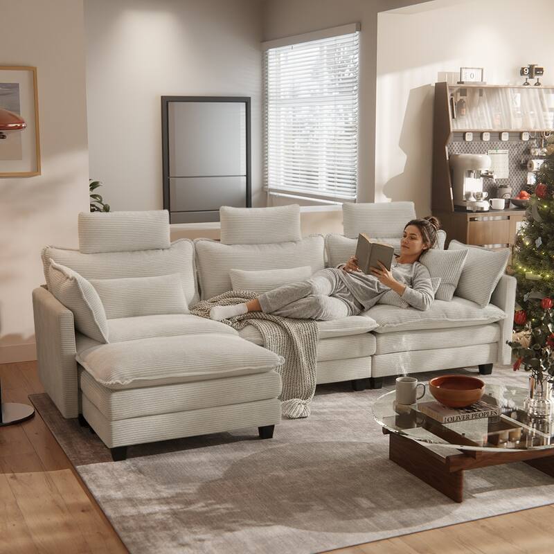 Modern Cream Corduroy 4-Seater Sectional Sofa with Adjustable Headrests, Pocket Spring Seats & Chaise Lounge
