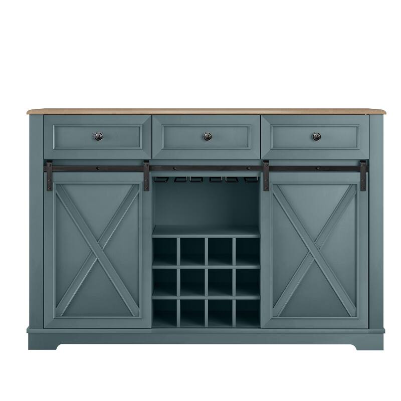 54" Farm Style Wood Buffet Bar Cabinet w/Wine & Glass Rack