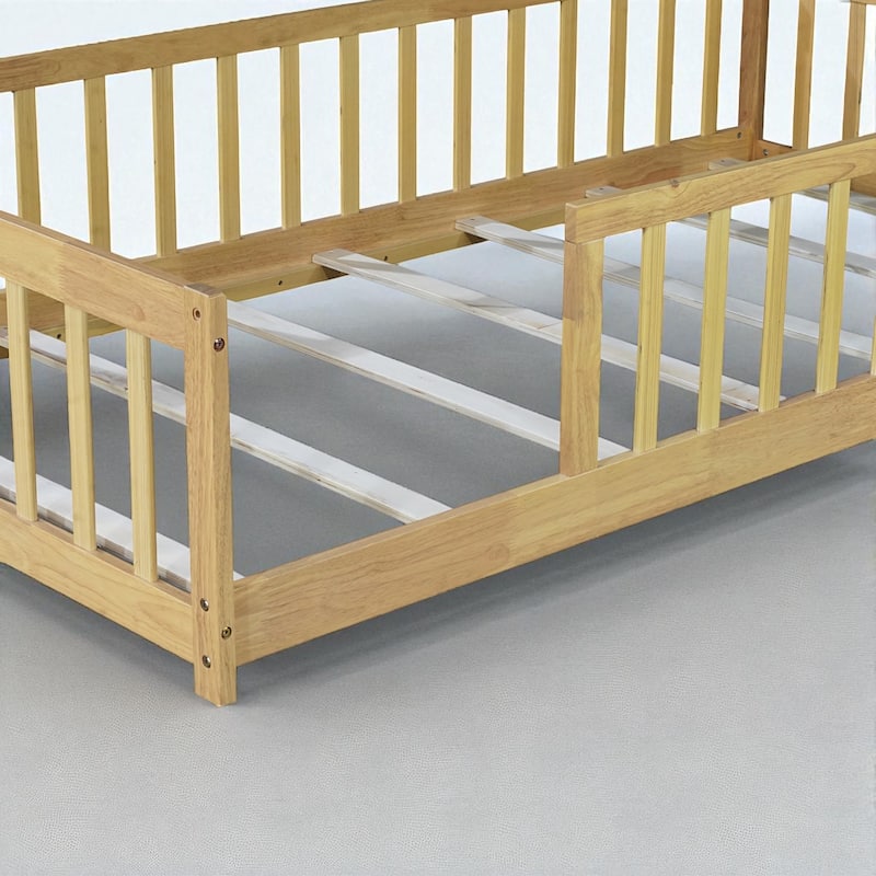 Twin Floor Bed with High Safety Fence, Rubber Wood Construction, Easy Assembly